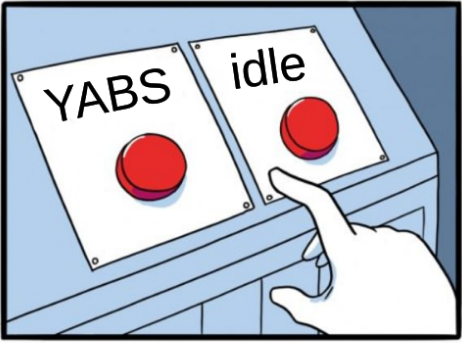 a control panel with two red buttons, labelled "YABS" and "idle"